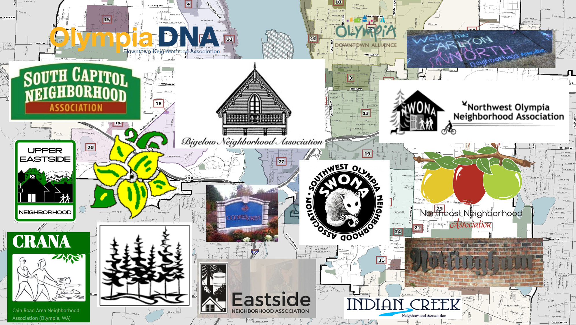 A mixture of logos of local neighborhood associations with a picture of a map in the background.